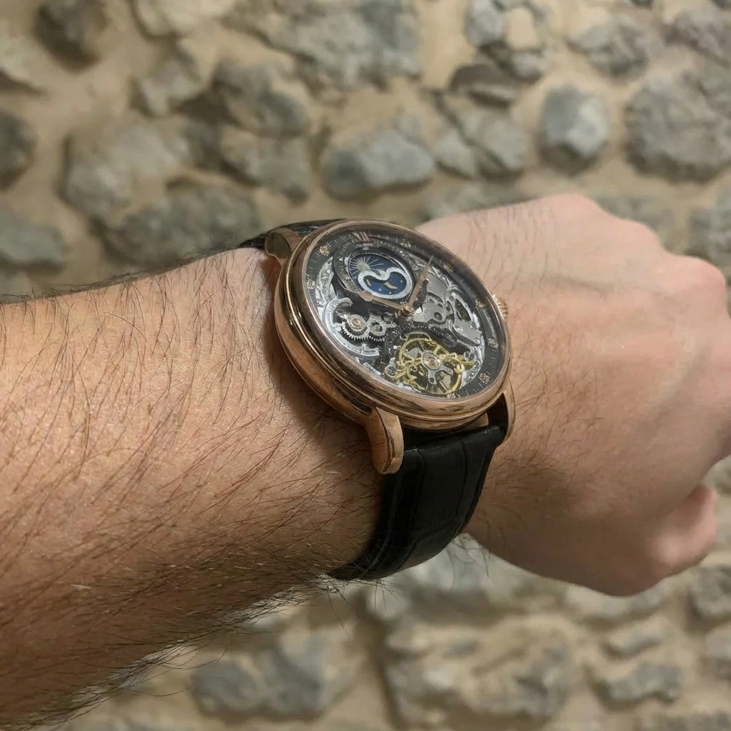 KINYUDE Automático Skeleton Concha rosa + rosto preto + cinto de couro