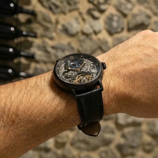 KINYUDE Automático Skeleton Caixa preta + mostrador preto + pulseira de couro