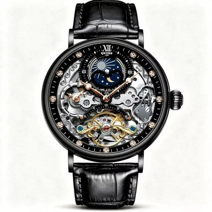 KINYUDE  Automático Skeleton Caixa preta + mostrador preto + pulseira de couro