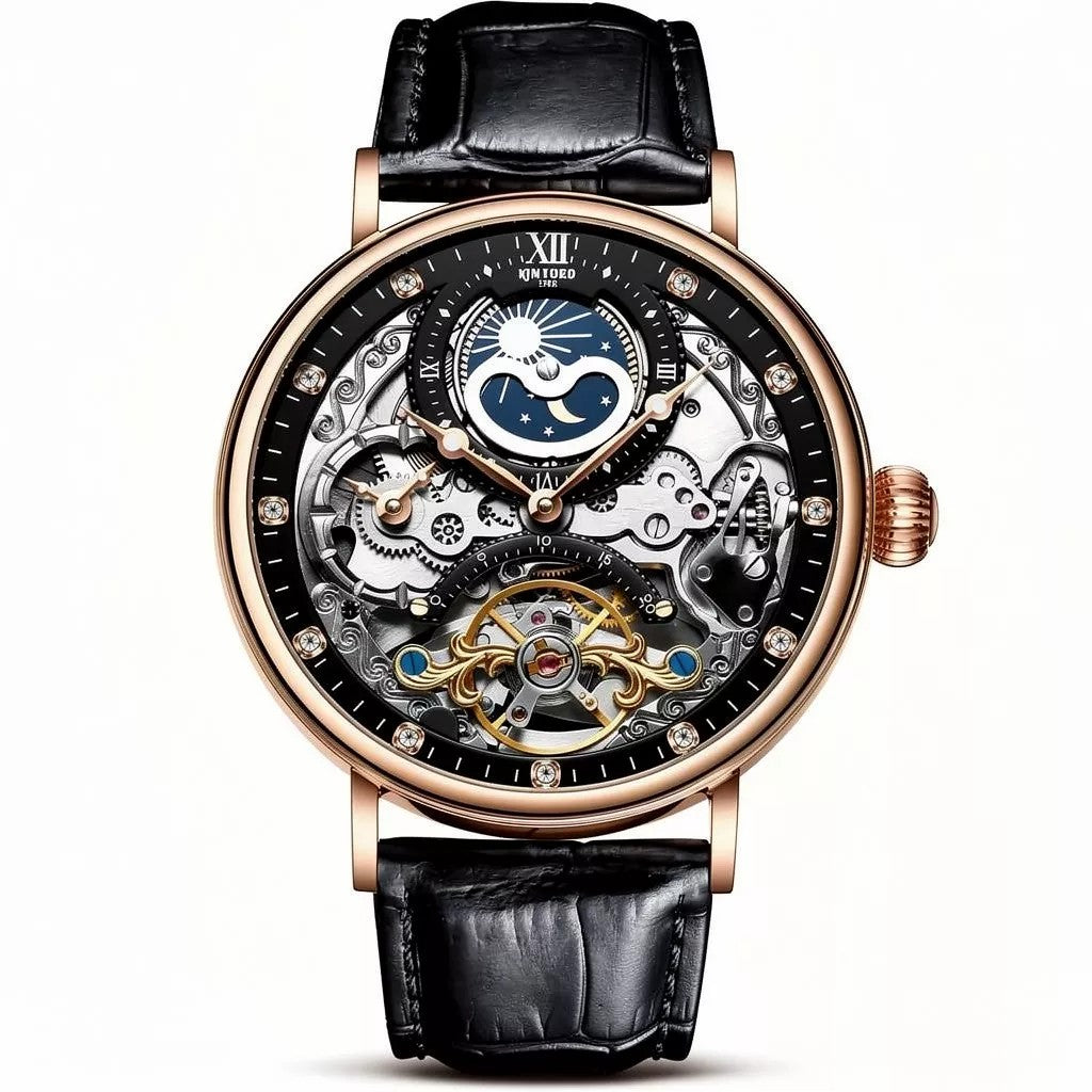 KINYUDE  Automático Skeleton Concha rosa + rosto preto + cinto de couro