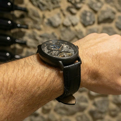 KINYUDE  Automático Skeleton Caixa preta + mostrador preto + pulseira de couro