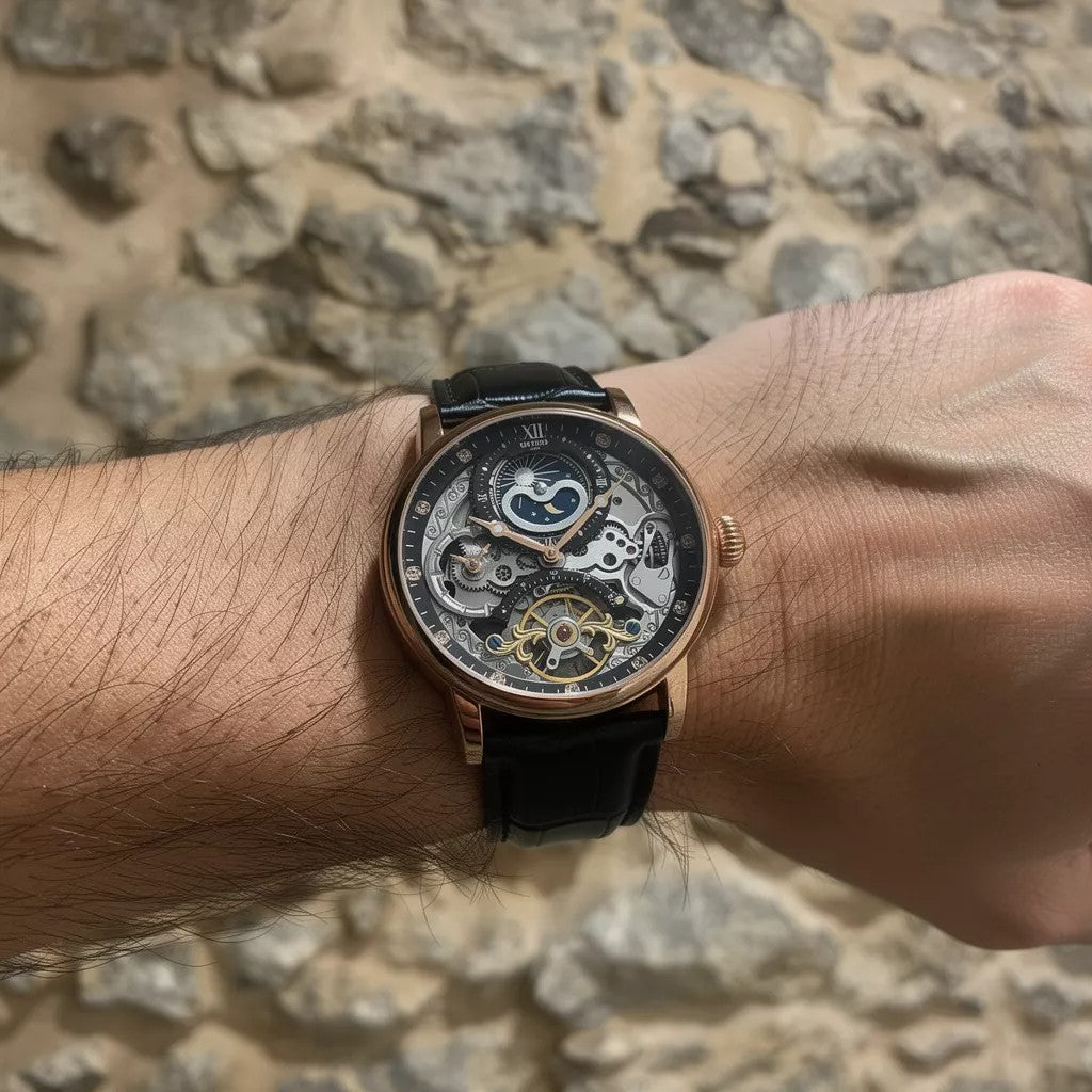 KINYUDE  Automático Skeleton Concha rosa + rosto preto + cinto de couro