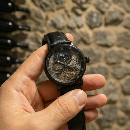 KINYUDE  Automático Skeleton Caixa preta + mostrador preto + pulseira de couro