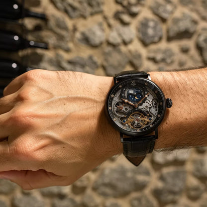 KINYUDE  Automático Skeleton Caixa preta + mostrador preto + pulseira de couro